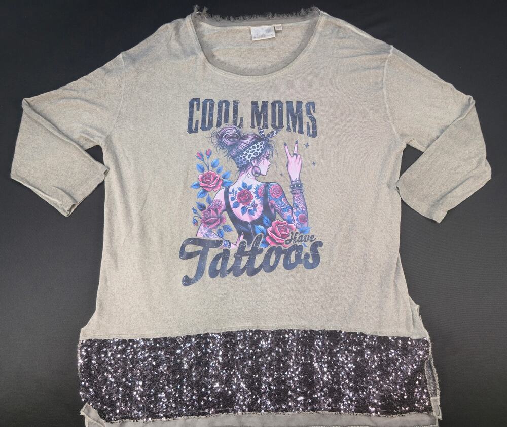 Cool Moms Have Tattoos Womens XL Gray Graphic Top Sequin Hem 3/4 Sleeve
